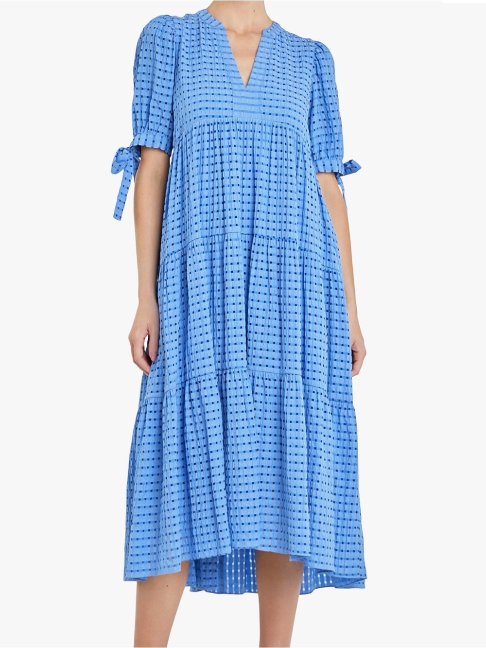 Wish Blue Checked Tiered Midi Dress with Tie Sleeves